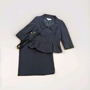 Jones NY Navy Peplum Jacket Belt Skirt Sz 12 Suit Set Academia Old Money Preppy
